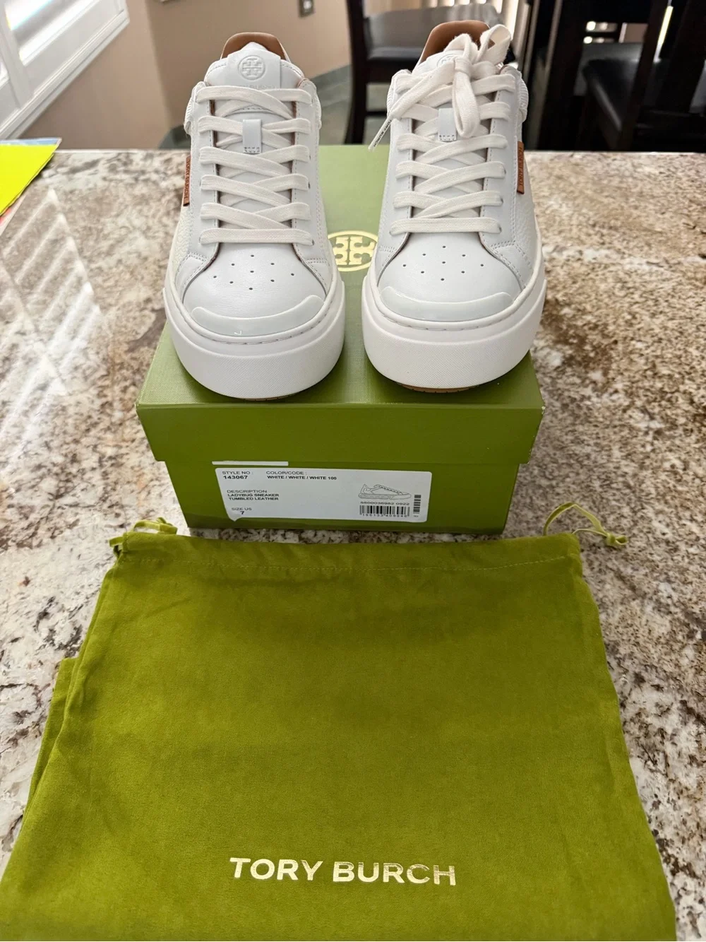 Tory Burch White Leather Platform Ladybug Sneakers with Tan Accents